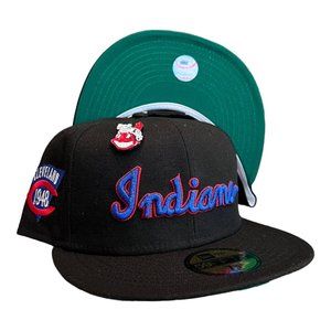 New Era Cleveland Indians 59FIFTY Fitted Hat Cap Black W/ Chief Wahoo Pin